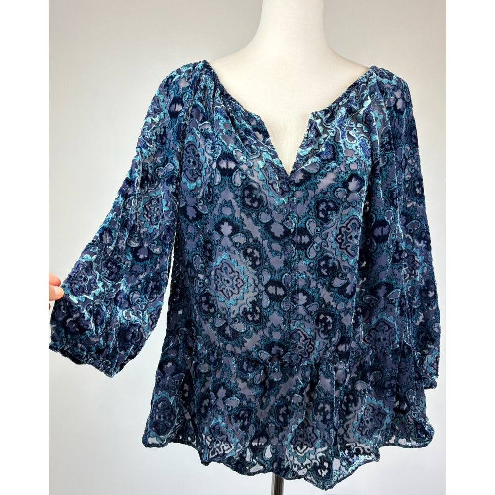 Blue Velvet Burnout Boho Peasant Top Size L Whimsigoth Fairycore Semi Sheer Y2K